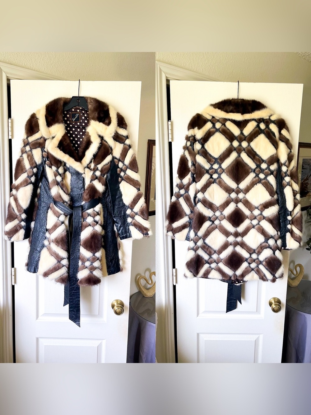 Famous-Barr Vintage Mink Fur Leather Patchwork Belted Coat Brown Cream